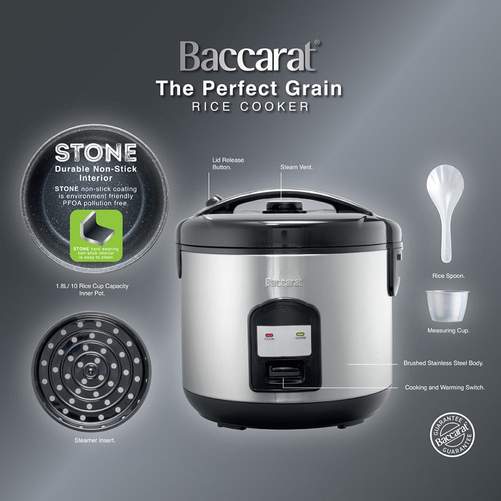 A person opening a silver rice cooker on a kitchen counter next to a bowl of veggies- Baccarat