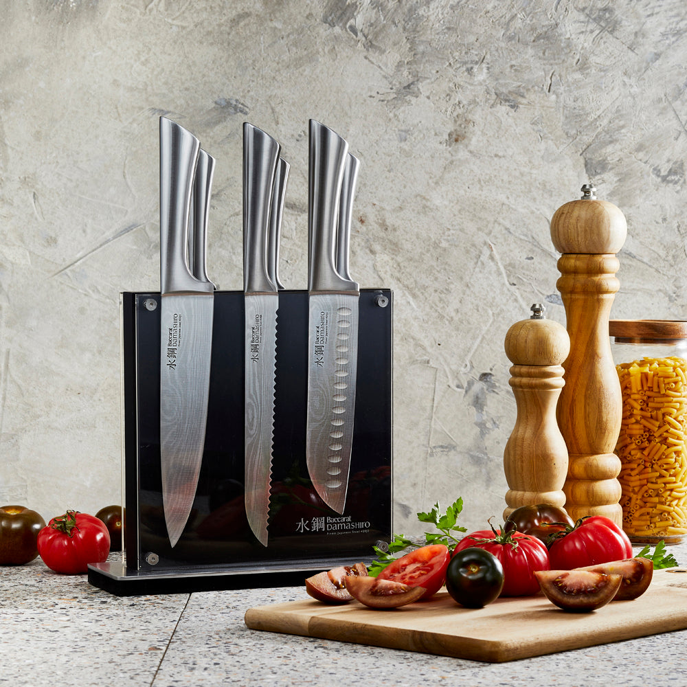 Elegant knife block showcasing seven premium knives with a modern design - Baccarat Damashiro Kin