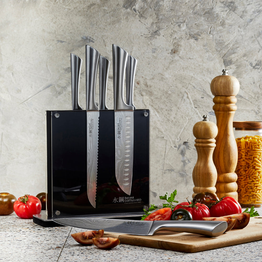 Elegant knife block showcasing seven premium knives with a modern design - Baccarat Damashiro Kin