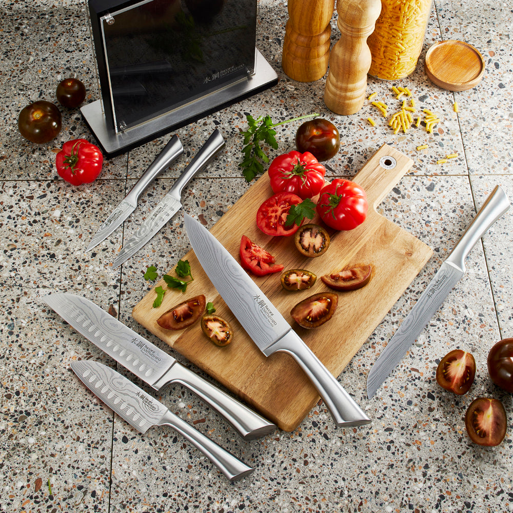 Elegant knife block showcasing seven premium knives with a modern design - Baccarat Damashiro Kin
