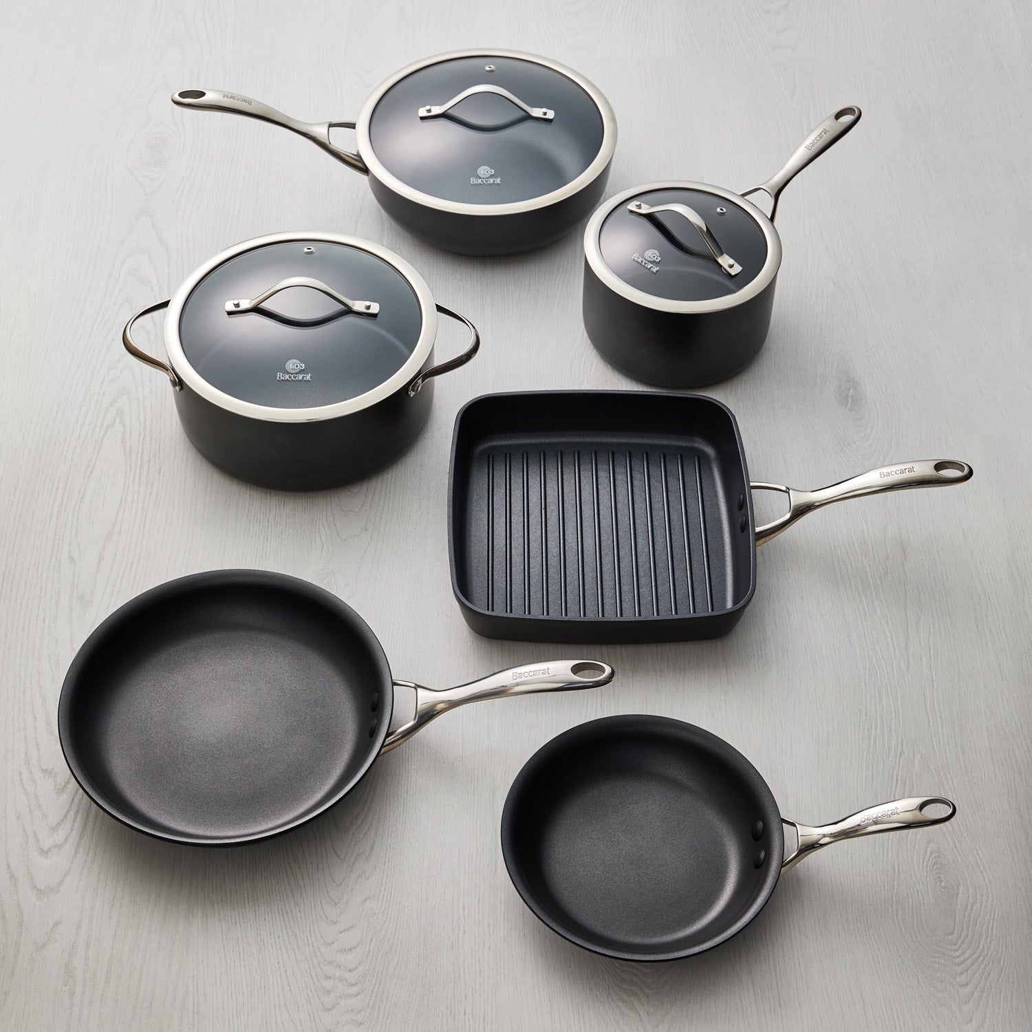 a stylish cookware set with sleek non-stick surfaces and matching lids in vibrant colours - Baccarat
