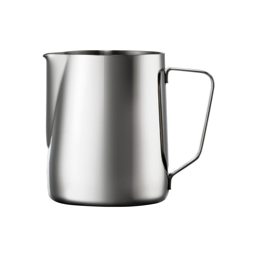 A stainless steel milk pitcher is shown from the side against a clean white background.