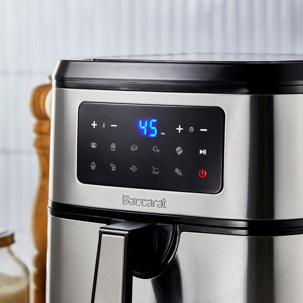 Cooked chicken in drawer of air fryer with digital display  - Baccarat the healthy fry 9l air fryer