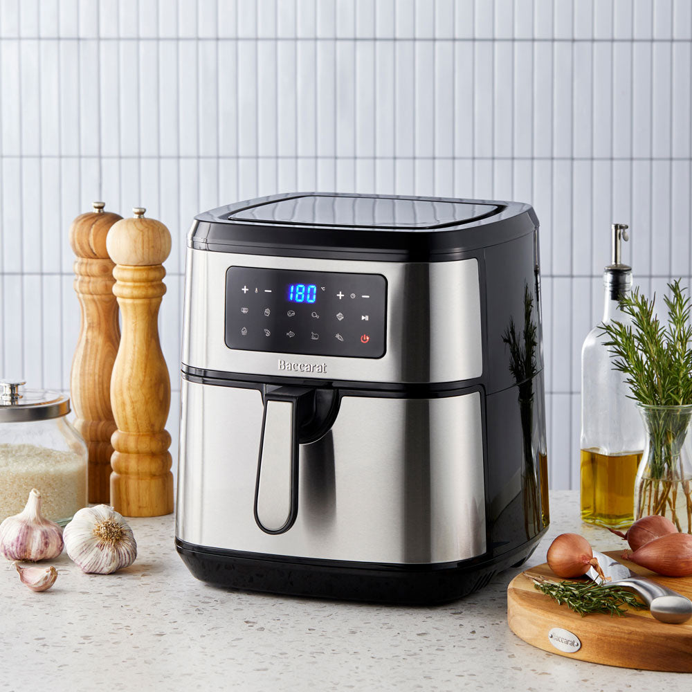 Cooked chicken in drawer of air fryer with digital display  - Baccarat the healthy fry 9l air fryer