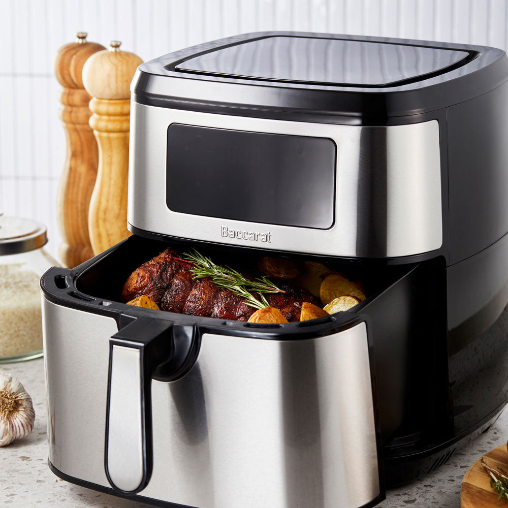 Cooked chicken in drawer of air fryer with digital display  - Baccarat the healthy fry 9l air fryer