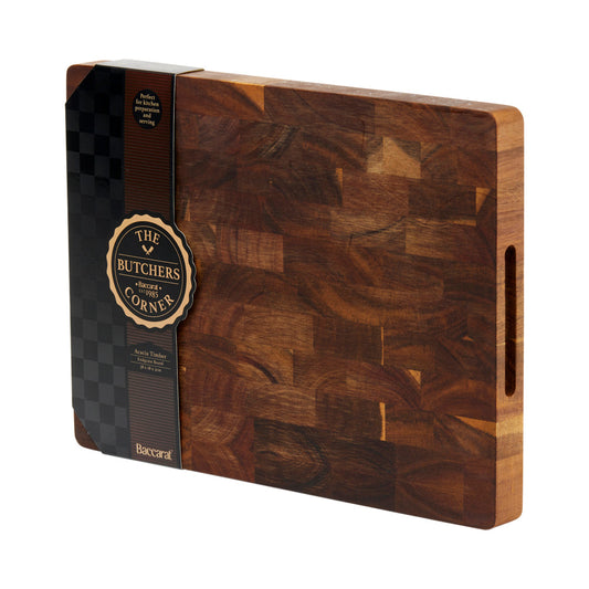 A sturdy acacia timber end grain cutting board with a rich brown finish - Baccarat Butchers Corner