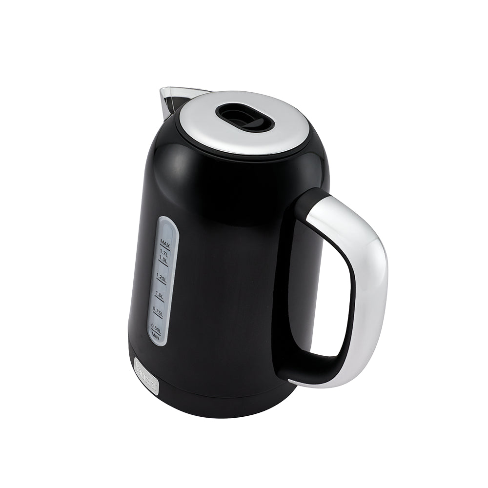 Black electric kettle with silver handle on a white background
