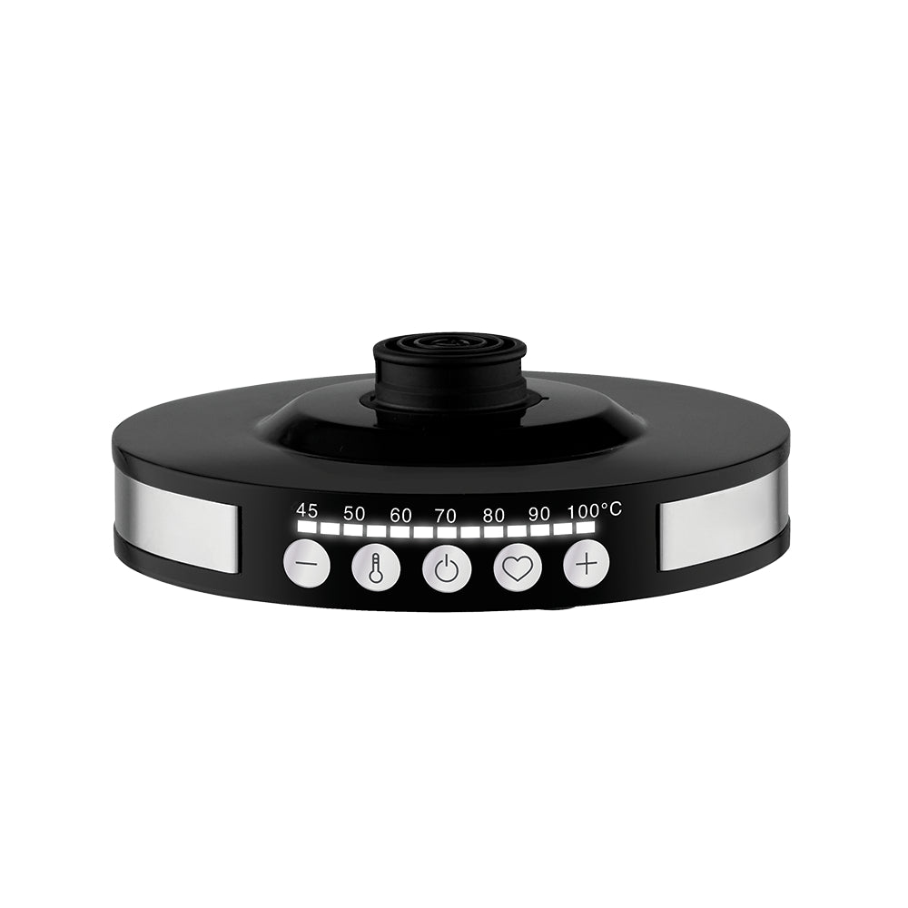Black and silver kitchen appliance with control panel on a white background