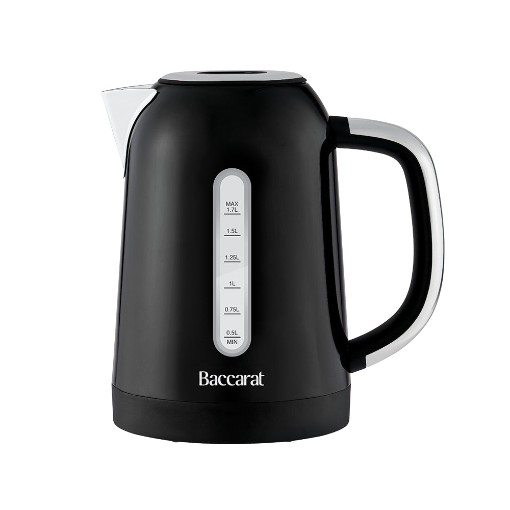 A black Baccarat electric kettle with a silver handle trim and a vertical water level indicator window, shown on a solid white background.
