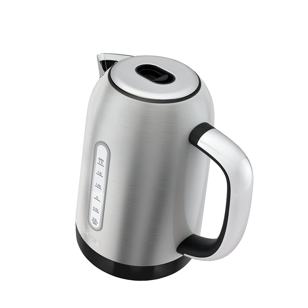 A brushed stainless steel electric kettle is shown from a three-quarters angle against a plain white background.