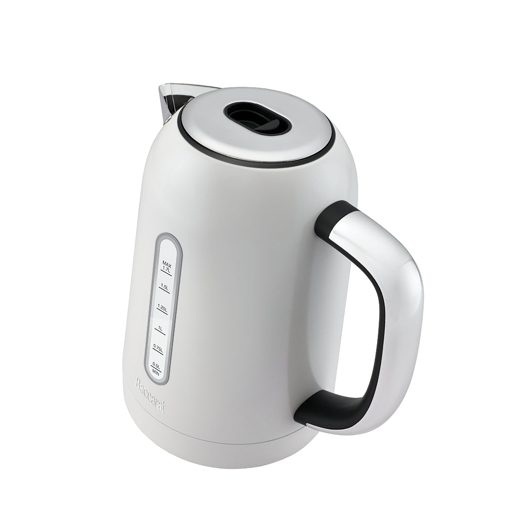 A white electric kettle is shown from a three-quarters angle against a plain white background.