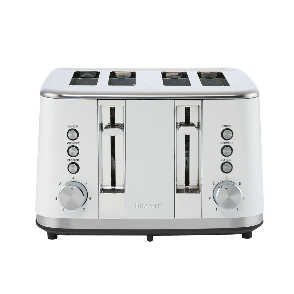 A white four-slice toaster is displayed from a direct front view against a plain white background.