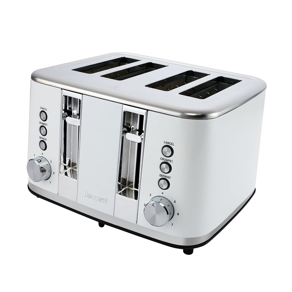 An empty white four-slice toaster is shown from an angled high perspective against a plain white background.