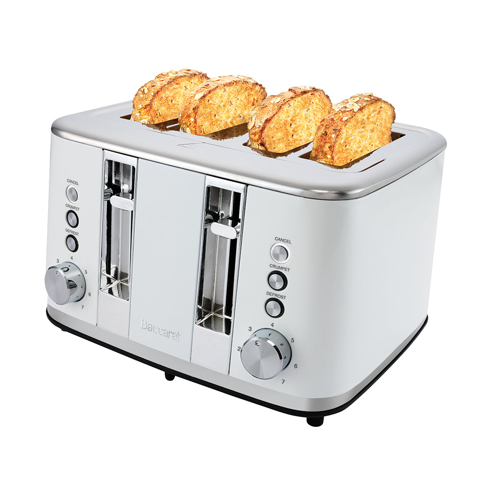 A silver and white four-slot toaster with two slices of toasted bread in the slots, shown on a clean white background.
