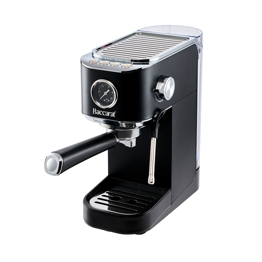 Black espresso machine with Baccarat branding on a white background