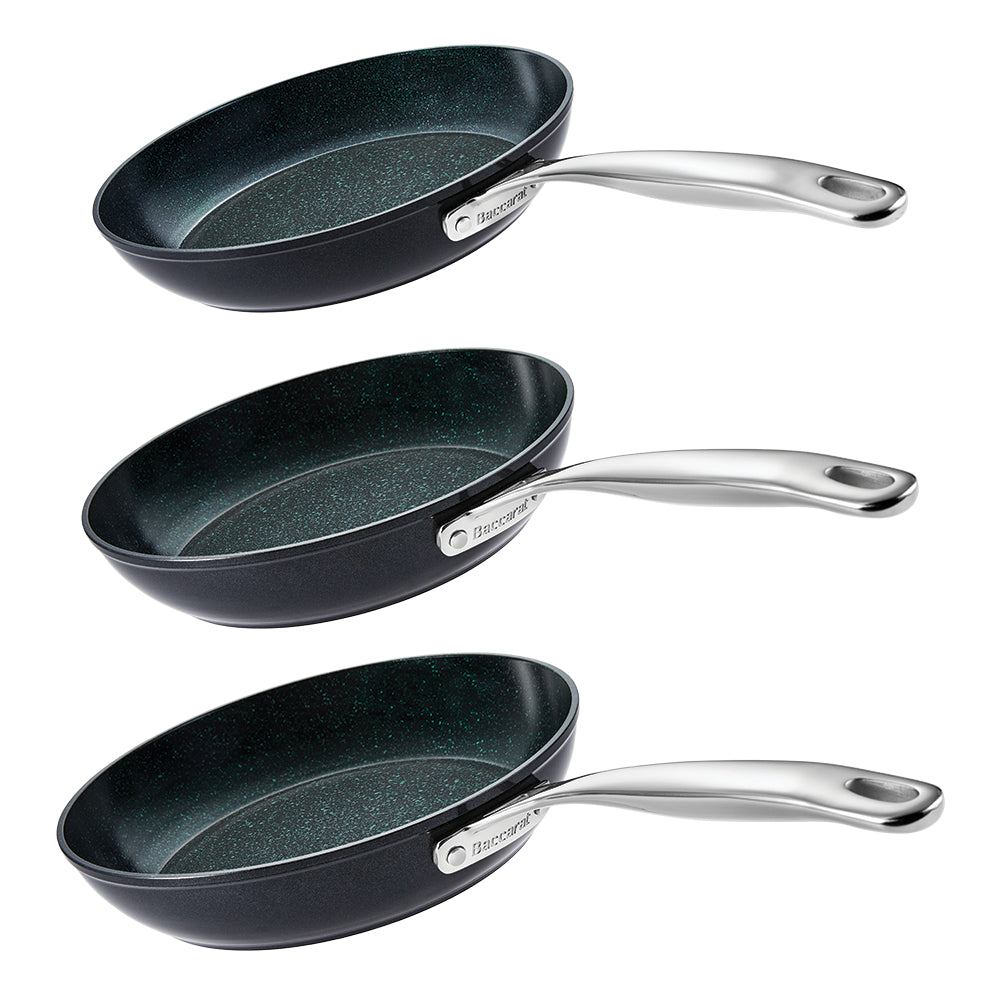 Baccarat GREEN STONE Tri Frypan Set 20cm, 24cm, 28cm on a white background.
