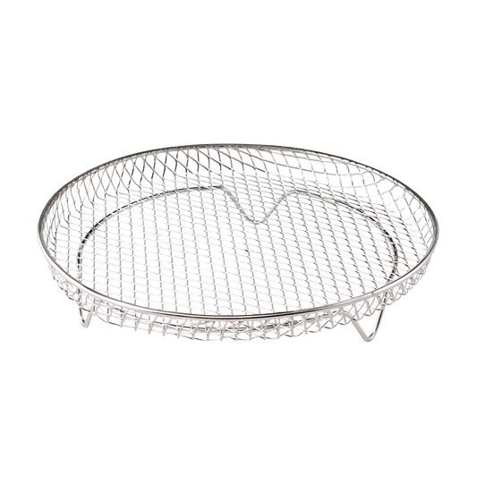 A round silver stainless steel wire mesh rack with a shallow depth. 