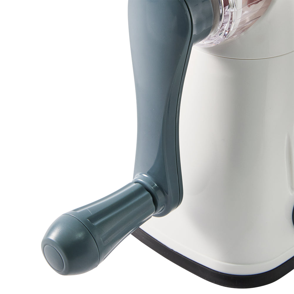 Close-up of a white and gray kitchen appliance handle on a white background
