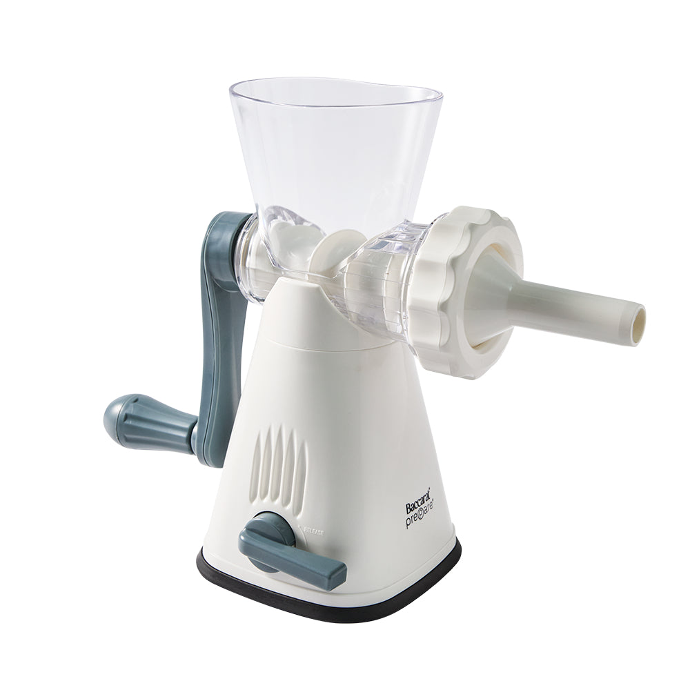 The Baccarat Prepare Fine & Coarse Meat Mincer is fitted with the long sausage stuffer attachment against a plain white background.