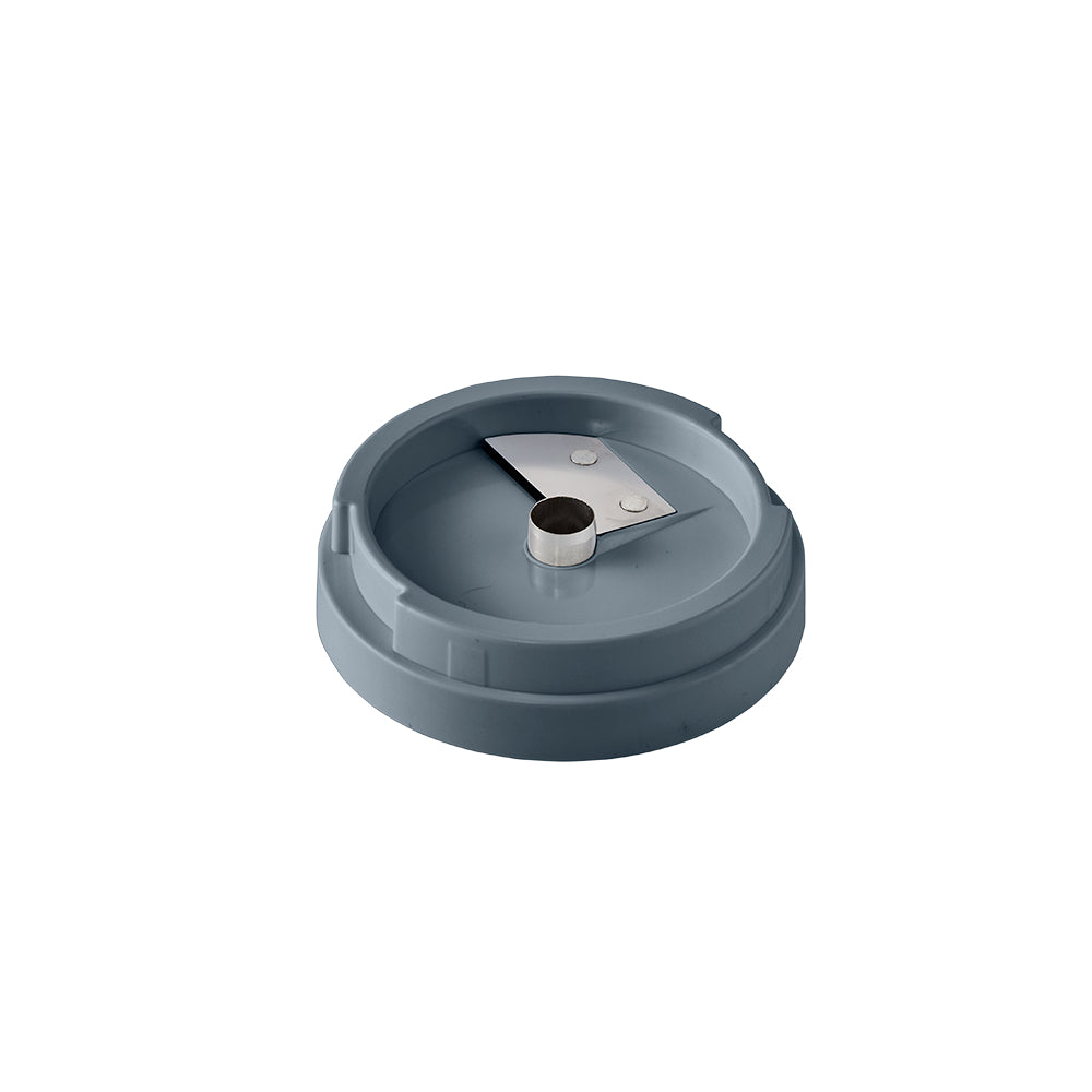 A dark grey circular blade disc with a single straight slicing slit is shown on a white background.