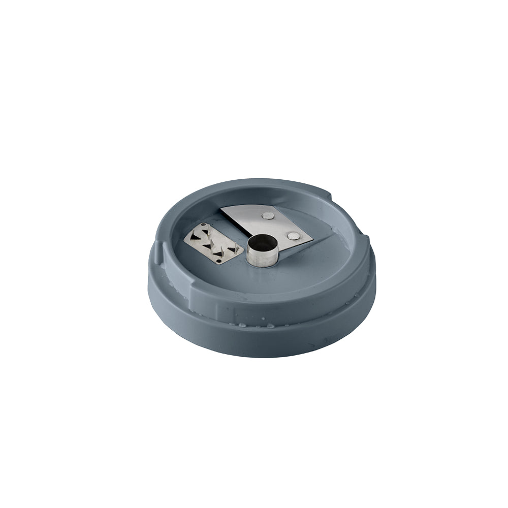 Gray lid with a central hole and two cut-out sections on a white background