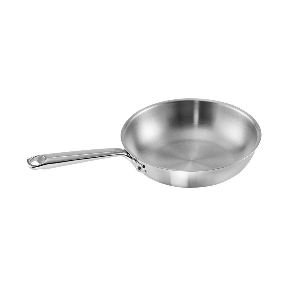 A stainless steel sauté pan with a long handle, shown from a side angle on a solid white background.