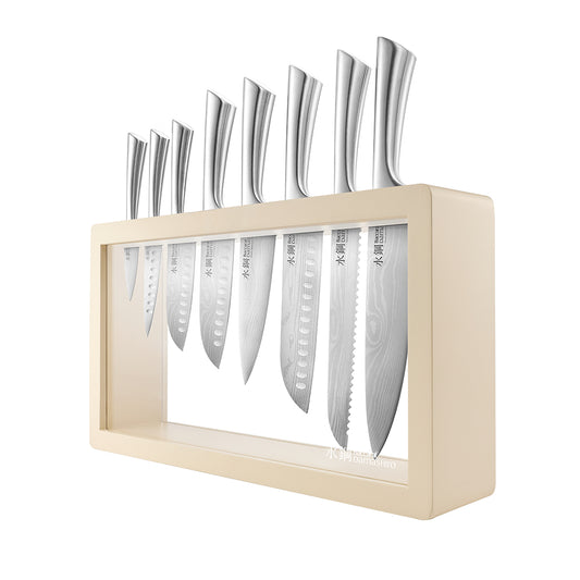 Baccarat Damashiro Katana 9 Piece Knife Block Cream on a white background.