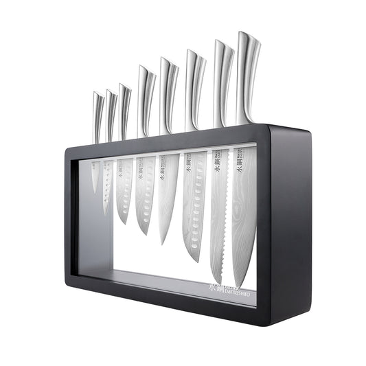 Baccarat Damashiro Katana 9 Piece Knife Block Black on a white background.