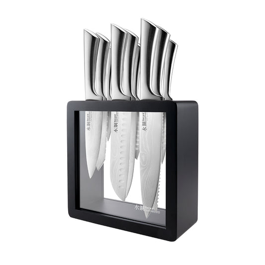 Baccarat Damashiro Hiryu 10 Piece Knife Block Black on a white background.