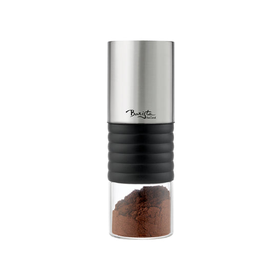 Baccarat Barista Modena Electric Coffee Grinder with black and silver design on a white background