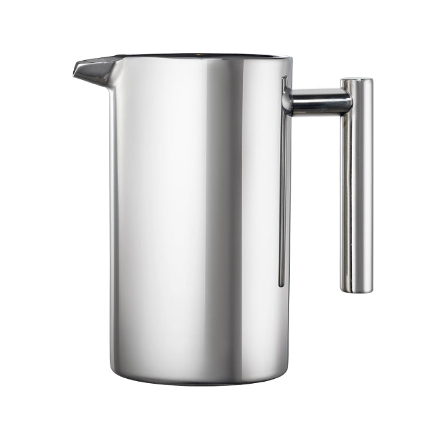 Stainless steel milk pitcher on a white background
