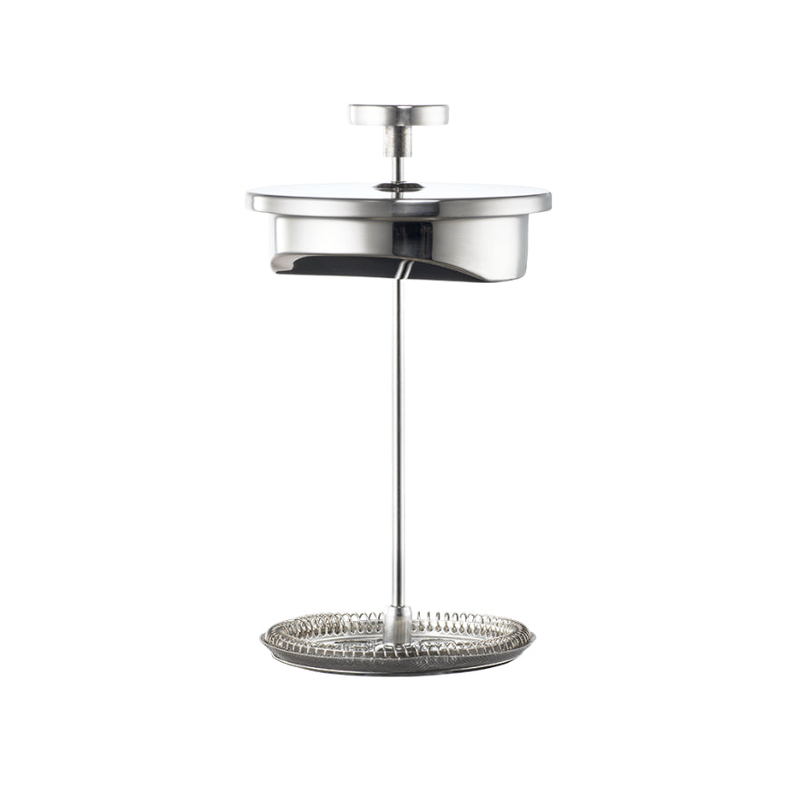 The removable mesh plunger assembly of a French press is displayed vertically against a plain white background.