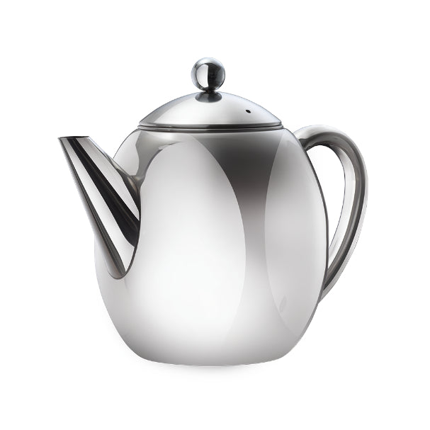 Barista stainless steel teapot with polished finish.
