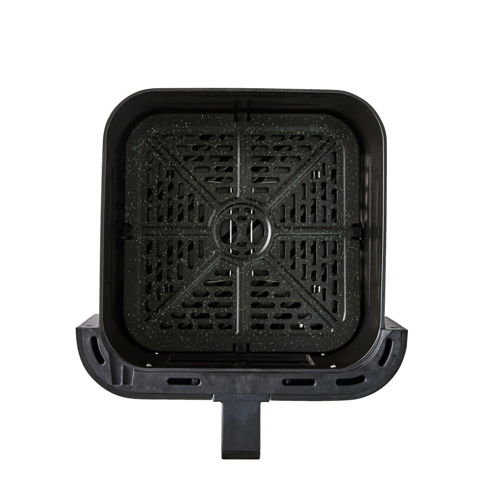 An top down view of Black non-stick air fryer basket interior with a perforated lower tray and a small drain hole at the bottom, shown on a plain white background.