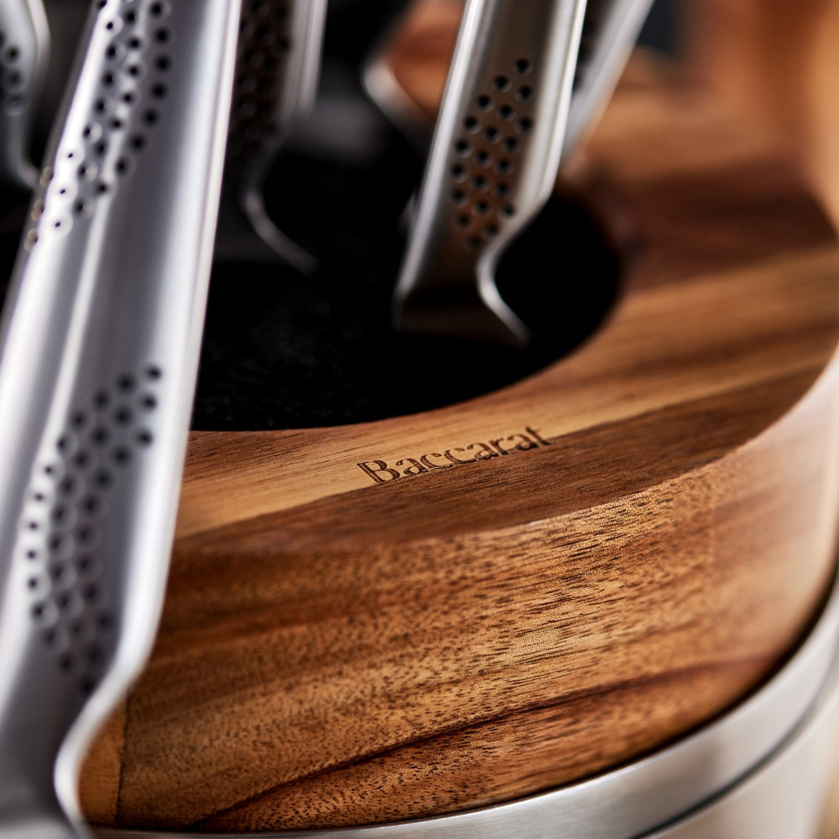 Nine piece stainless steel knife block with wooden accents mushrooms and silver details - Baccarat
