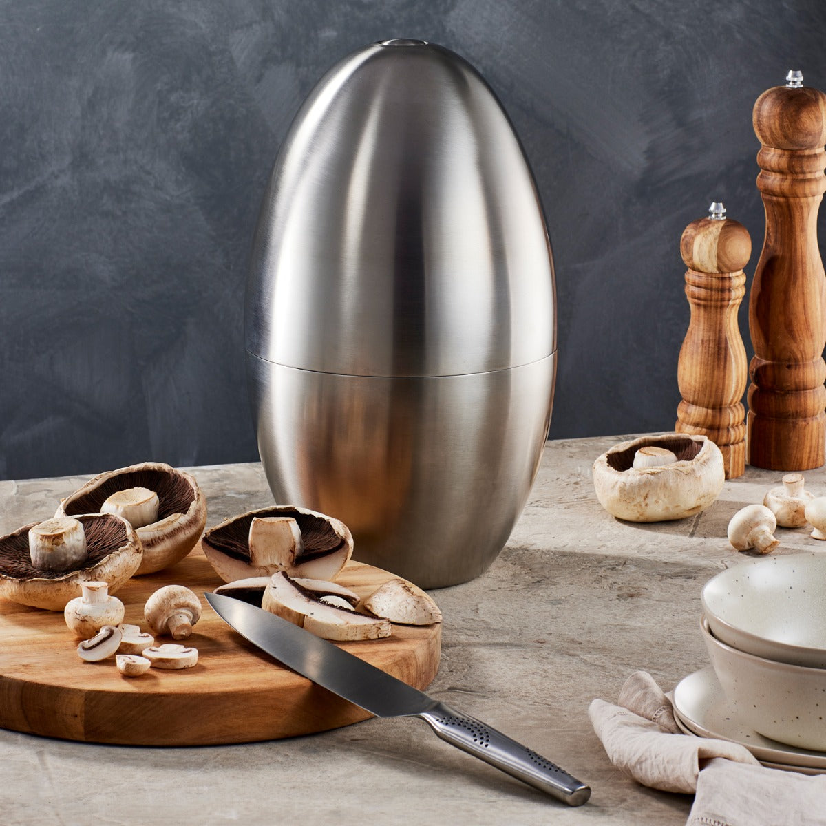Nine piece stainless steel knife block with wooden accents mushrooms and silver details - Baccarat
