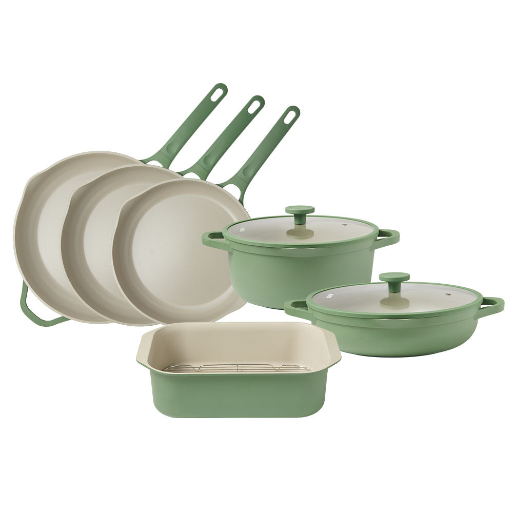 NOOK by Baccarat 6 Piece Cookware Set Sage is arranged on a solid white background.