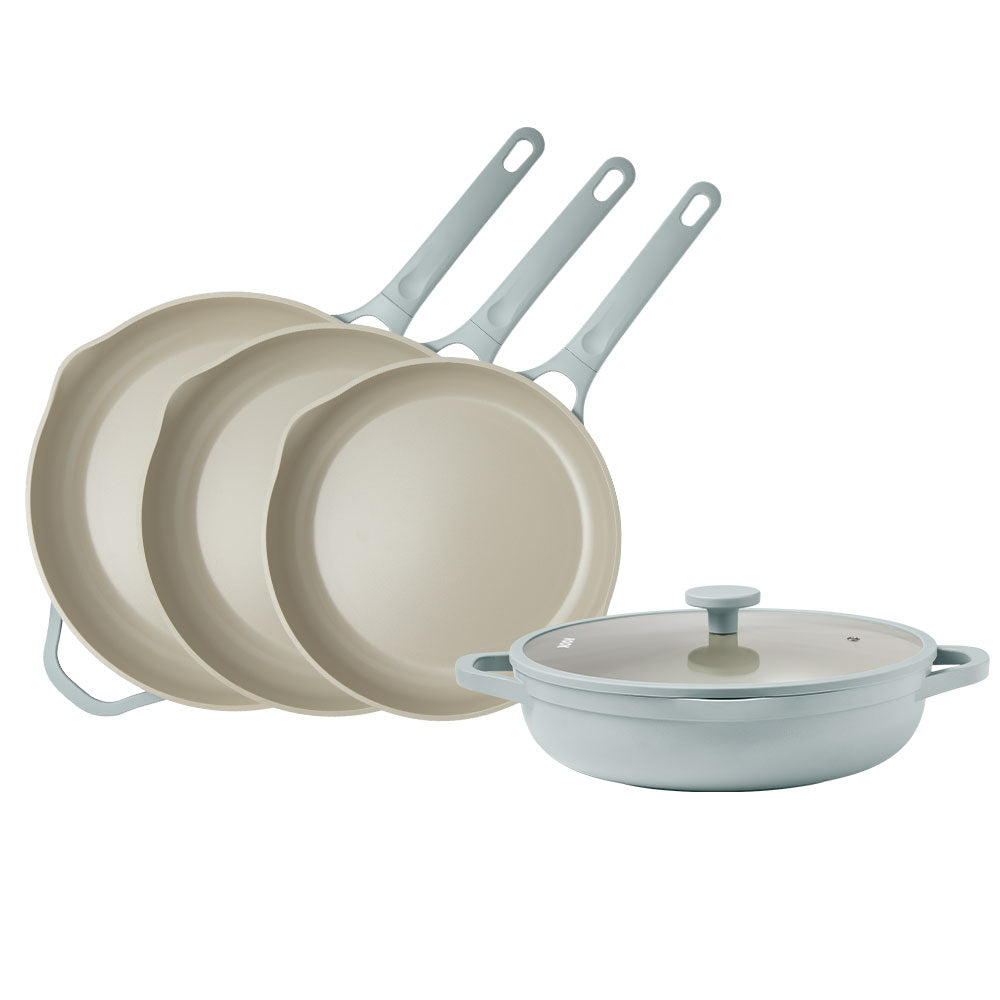 NOOK by Baccarat 4 Piece Cookware Set Sky arranged on a solid white background.