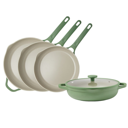 NOOK by Baccarat 4 Piece Cookware Set Sage shown on a solid white background.