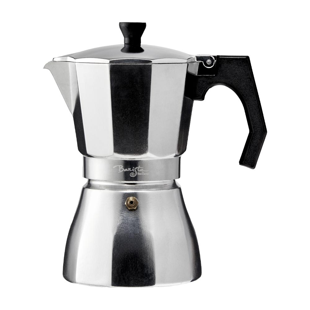A polished and sleek stovetop espresso maker with an ergonomic handle - Baccarat Barista Brillante