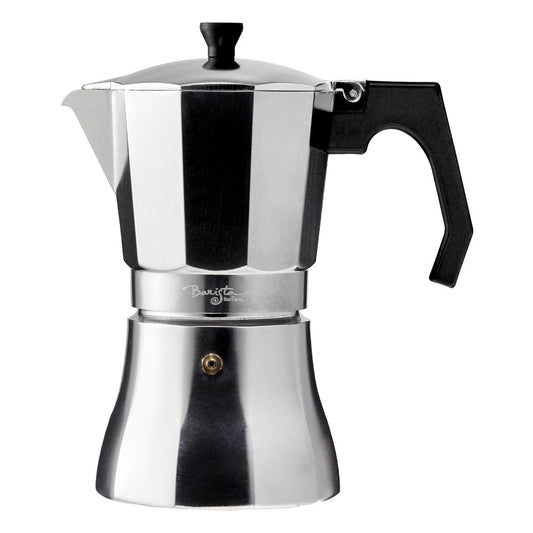 A polished stainless steel espresso pot with a stylish black handle - Baccarat Barista Brillante