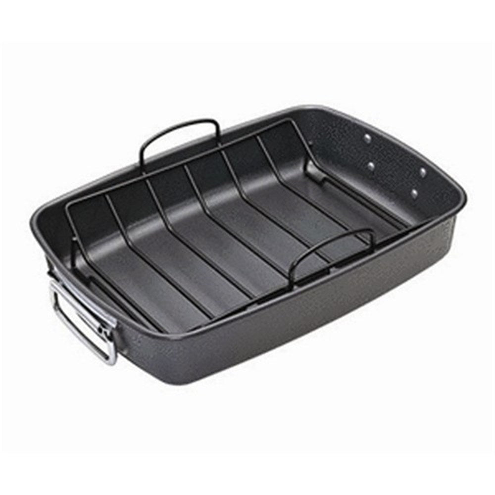 A roasting pan with vibrant vegetables and black finish - Baccarat gourmet roaster with rack 