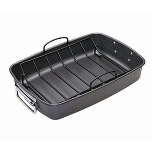 A roasting pan with vibrant vegetables and black finish - Baccarat gourmet roaster with rack 