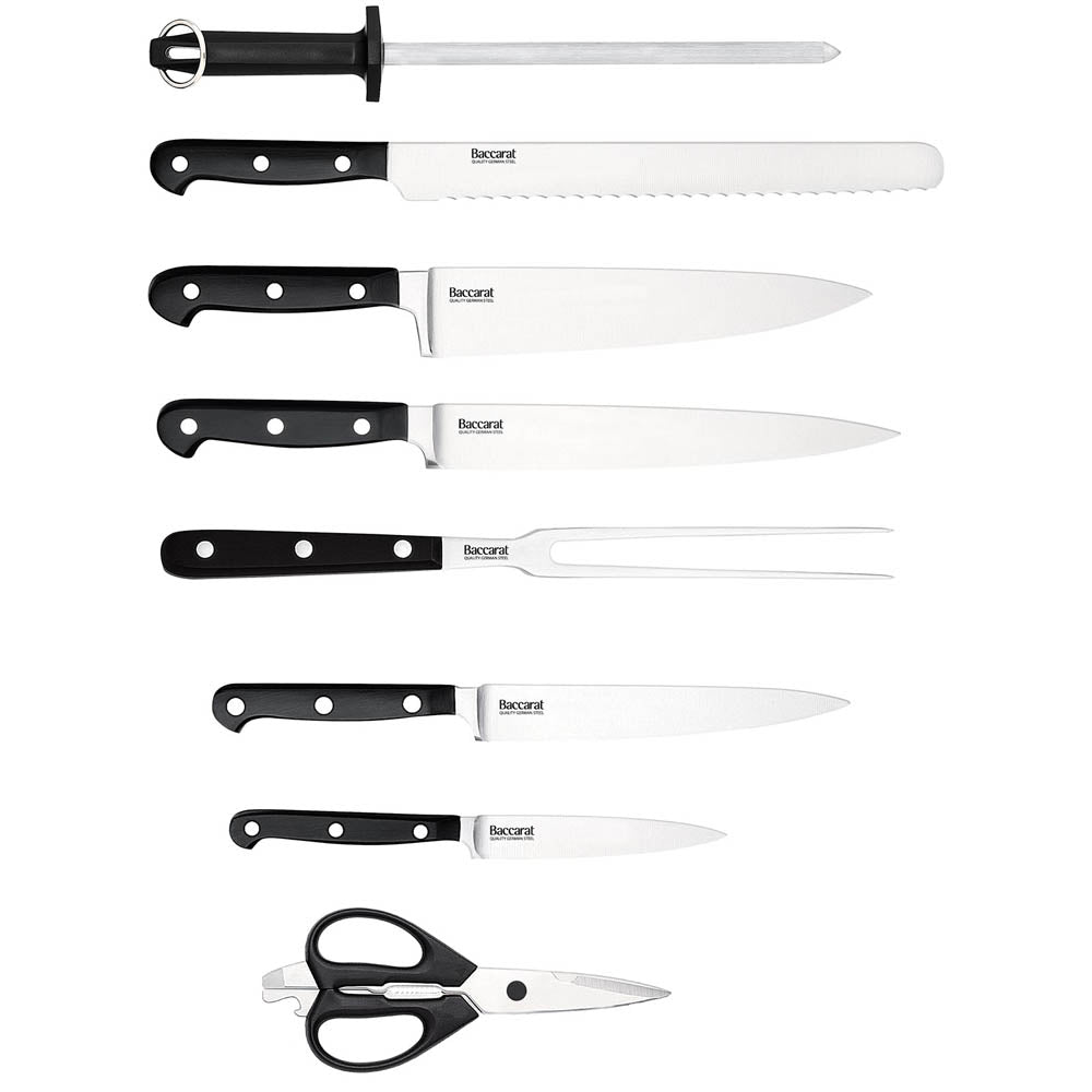 set of kitchen knives and scissors featuring sleek shiny blades and black handles - Baccarat Sabre