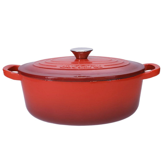 Oval cast iron French oven with lid in red color for cooking and serving - Baccarat Le Connoisseur