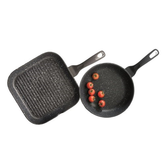round frying pan with tomatoes and square grill pan in black - Baccarat granite grill twin pack