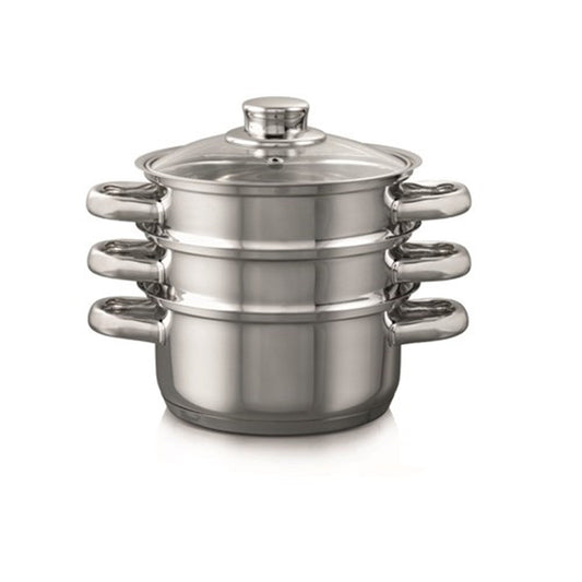 Three tier stainless steel steamer set in black and white for versatile cooking - Baccarat