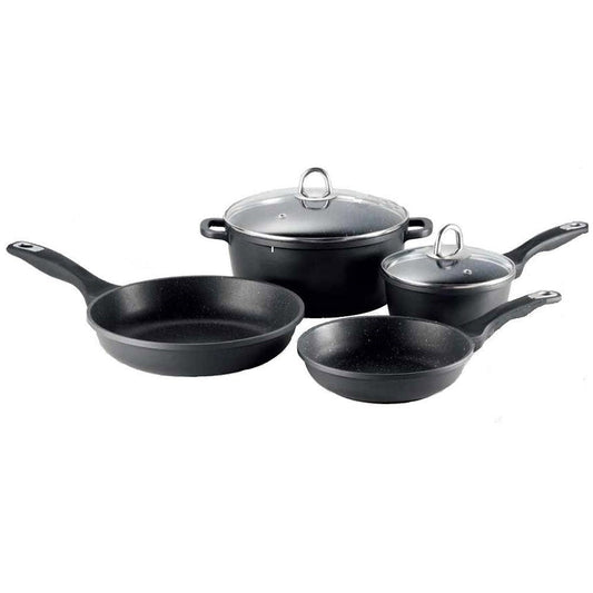 Cookware set including pots and frying pans arranged on a rustic wooden surface - Baccarat