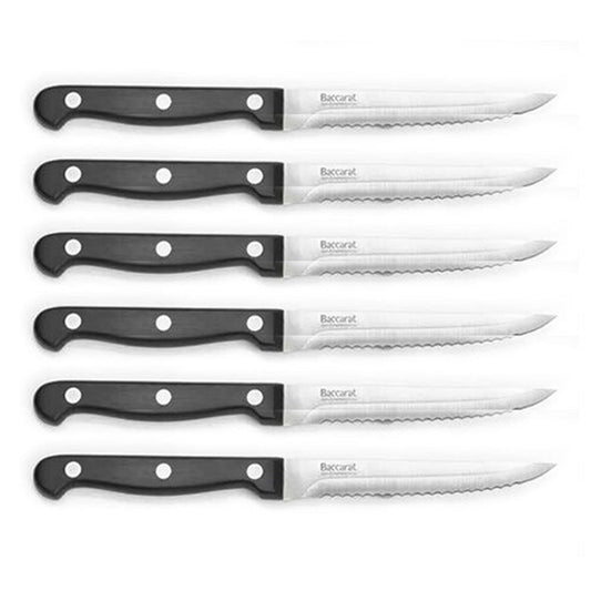 Six steak knives with black handles elegantly arranged outside packaging - Baccarat
