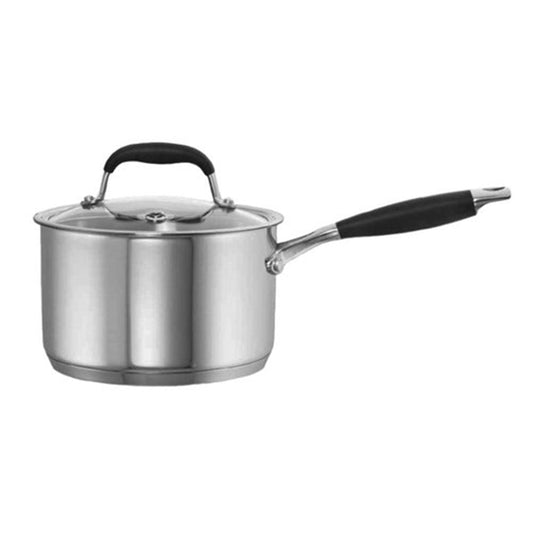 a sleek silver saucepan with a matching lid and black handle - Baccarat capri saucepan with lid 16cm